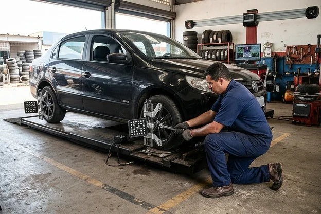 Técnico fazendo alinhamento de rodas com equipamento em borracharia.