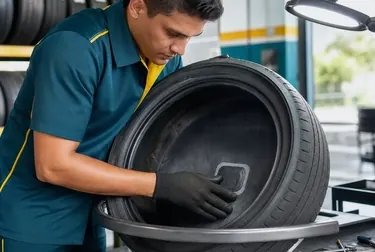 Técnico realizando conserto de pneu em borracharia.