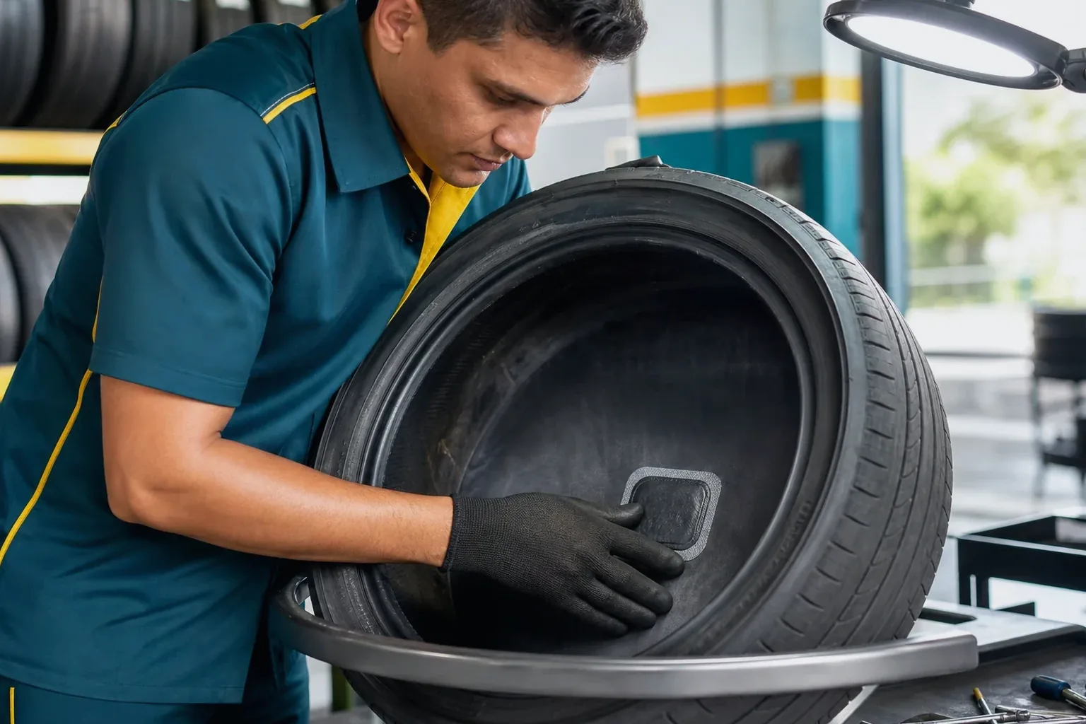 Técnico realizando conserto de pneu em borracharia.